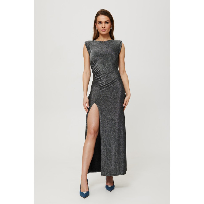 K186 Metallic maxi dress with cushions and pleats - silver