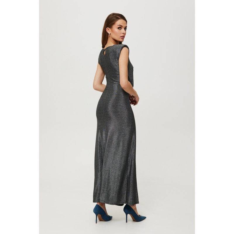 K186 Metallic maxi dress with cushions and pleats - silver