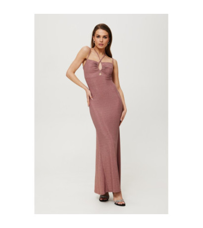 K188 Metallic maxi dress with tie at neckline - powder blue