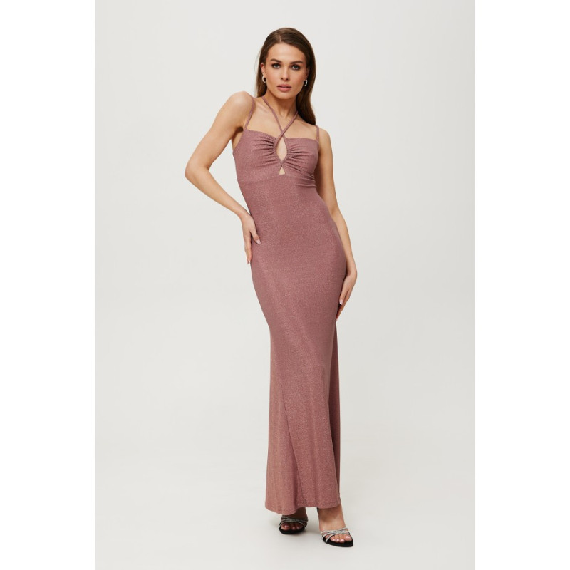 K188 Metallic maxi dress with tie at neckline - powder blue