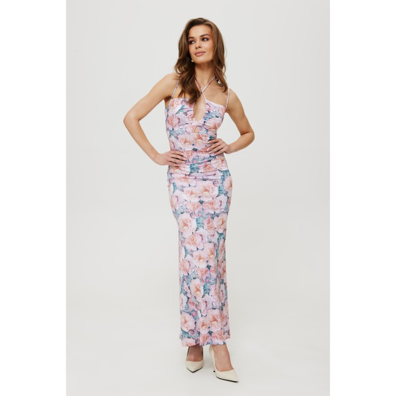 K193 Printed maxi dress with tie at neckline - model 1