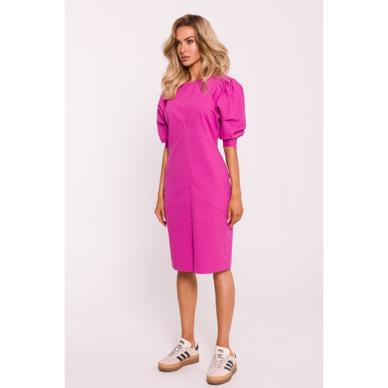 M803 Dress with stitching and bouffant sleeves - pink