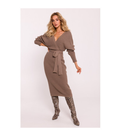 M810 Sweater dress with envelope neckline and belt - cappuccino