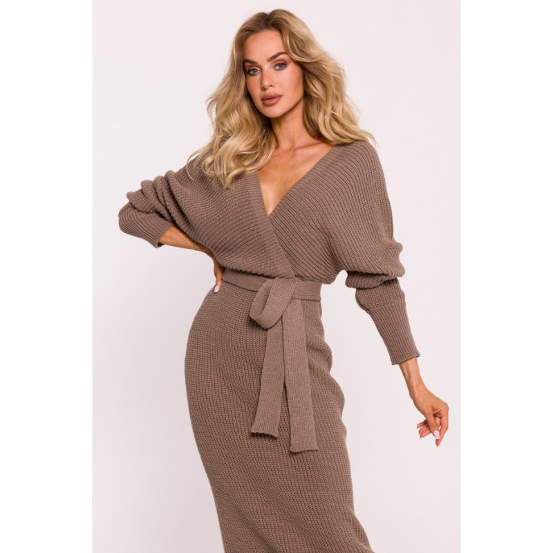 M810 Sweater dress with envelope neckline and belt - cappuccino