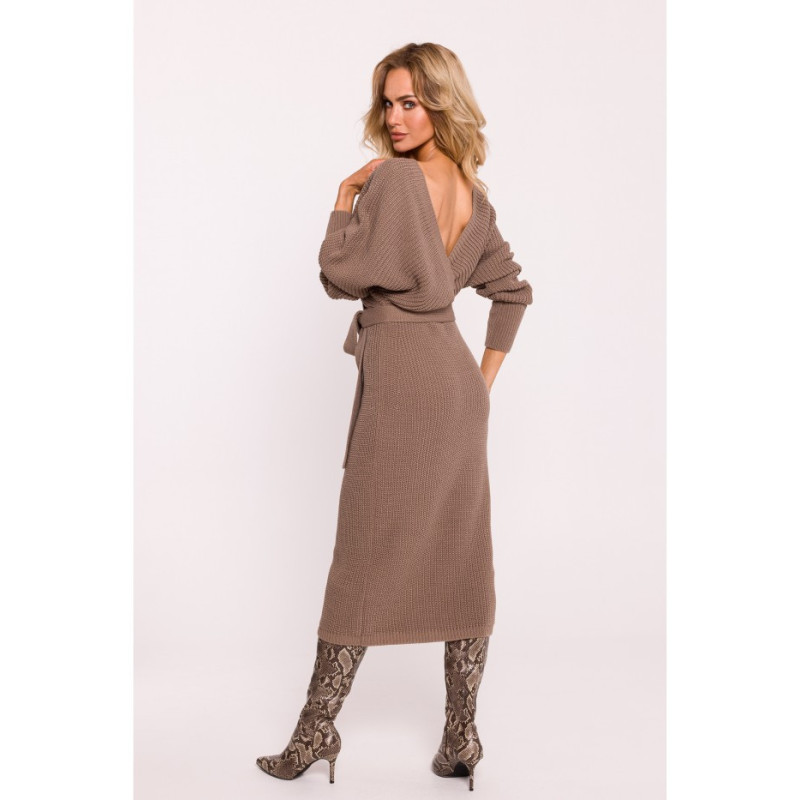 M810 Sweater dress with envelope neckline and belt - cappuccino