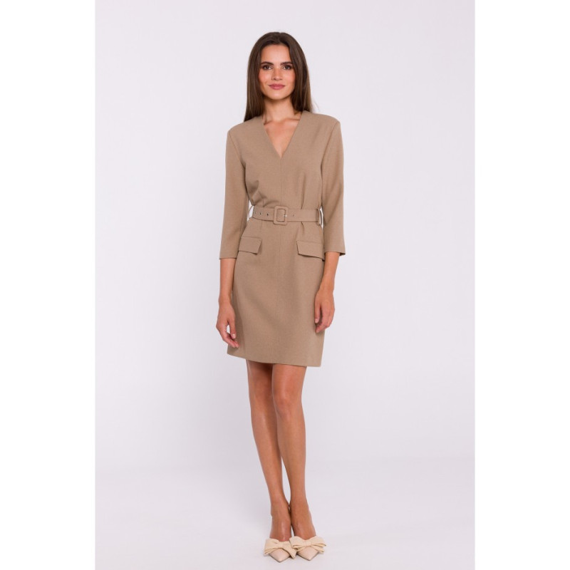 S369 Short dress with belt - beige