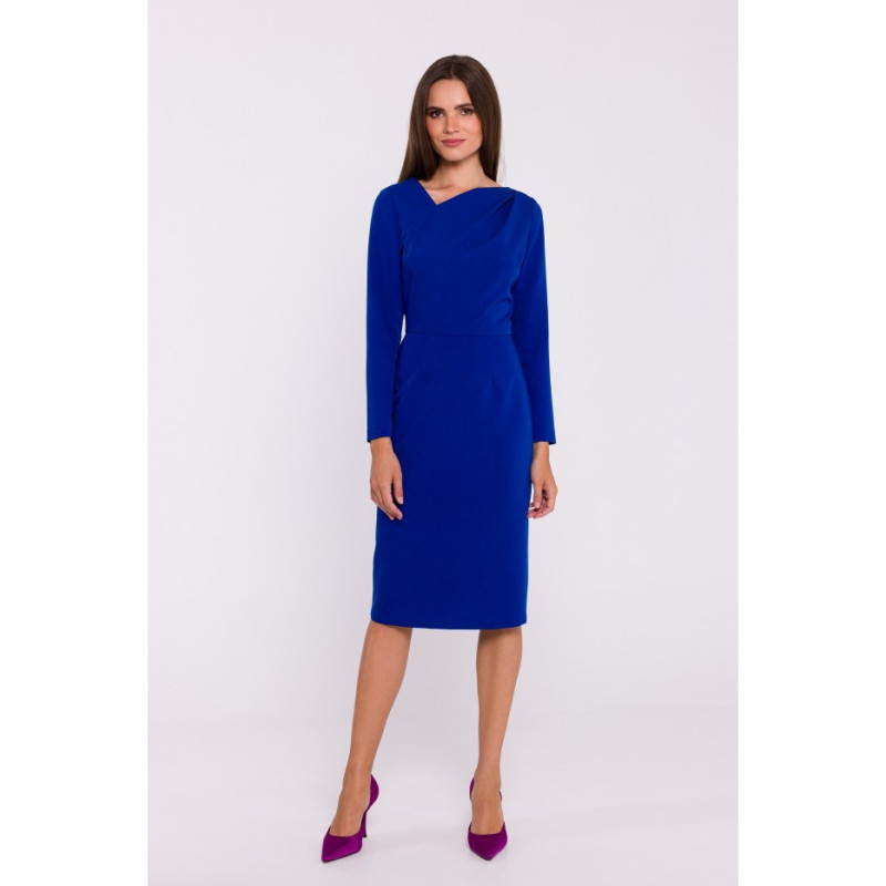 S376 Pencil dress with asymmetrical neckline - cornflower blue