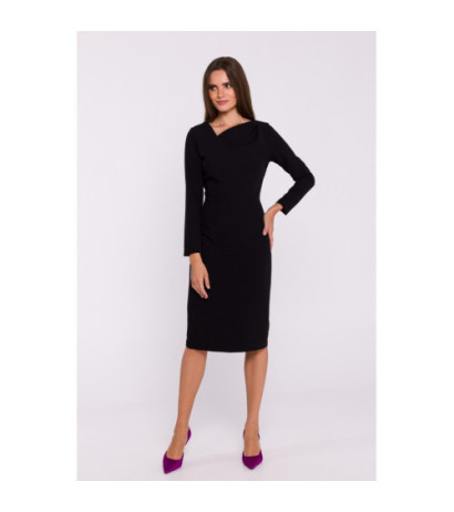 S376 Pencil dress with asymmetrical neckline - black