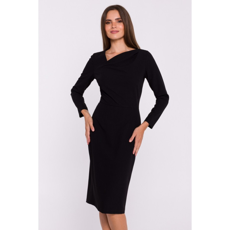 S376 Pencil dress with asymmetrical neckline - black