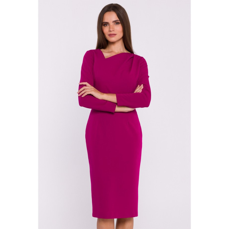 S376 Pencil dress with asymmetrical neckline - plum