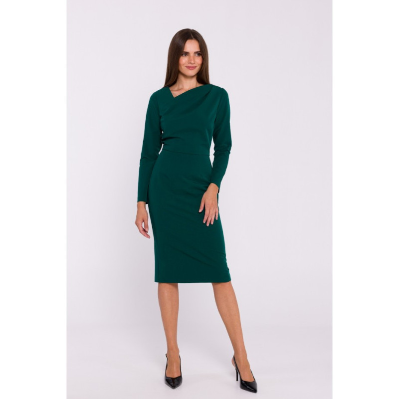 S376 Pencil dress with asymmetrical neckline - green