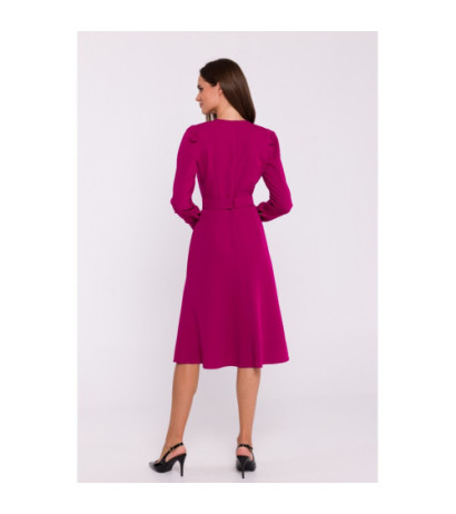 S378 Dress with long sleeves and belt - plum