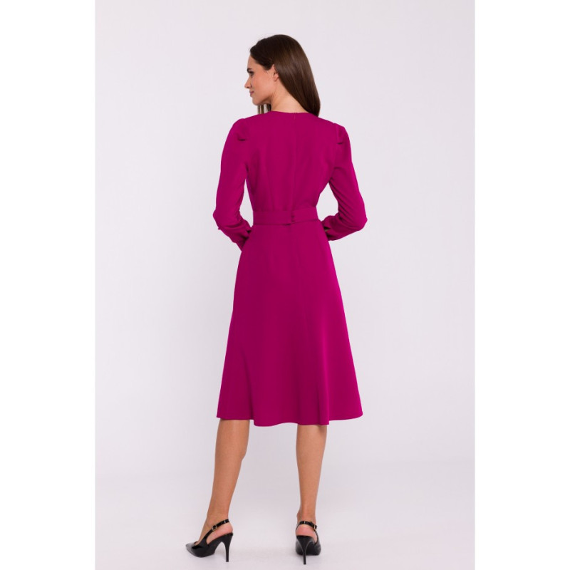 S378 Dress with long sleeves and belt - plum