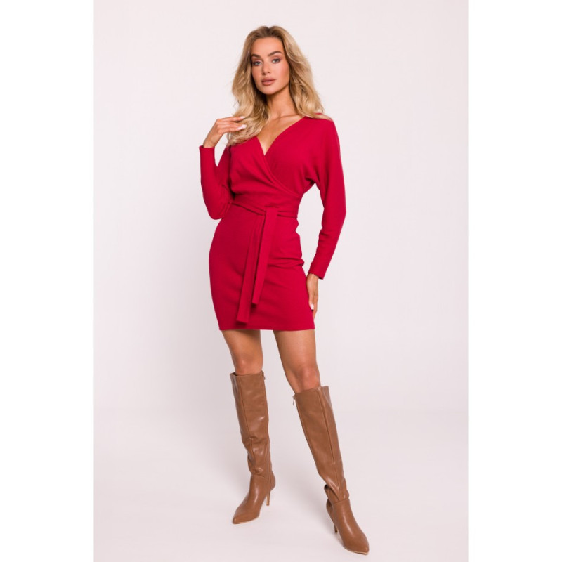 M819 Ribbed mini dress with belt - red