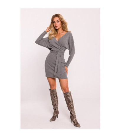 M819 Ribbed mini dress with belt - grey melange