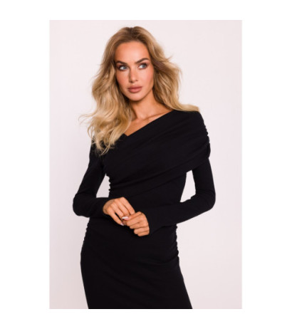 M820 Ribbed midi dress with asymmetrical neckline - black