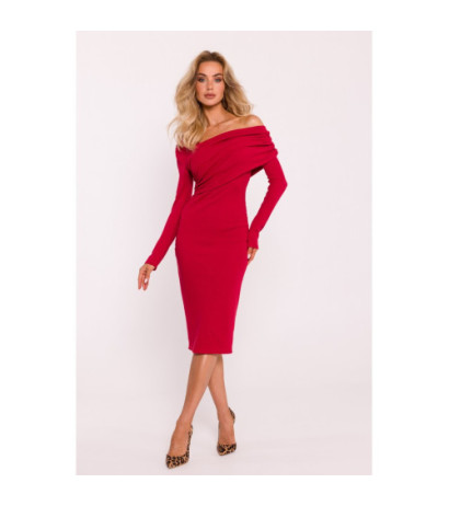 M820 Ribbed midi dress with asymmetrical neckline - red