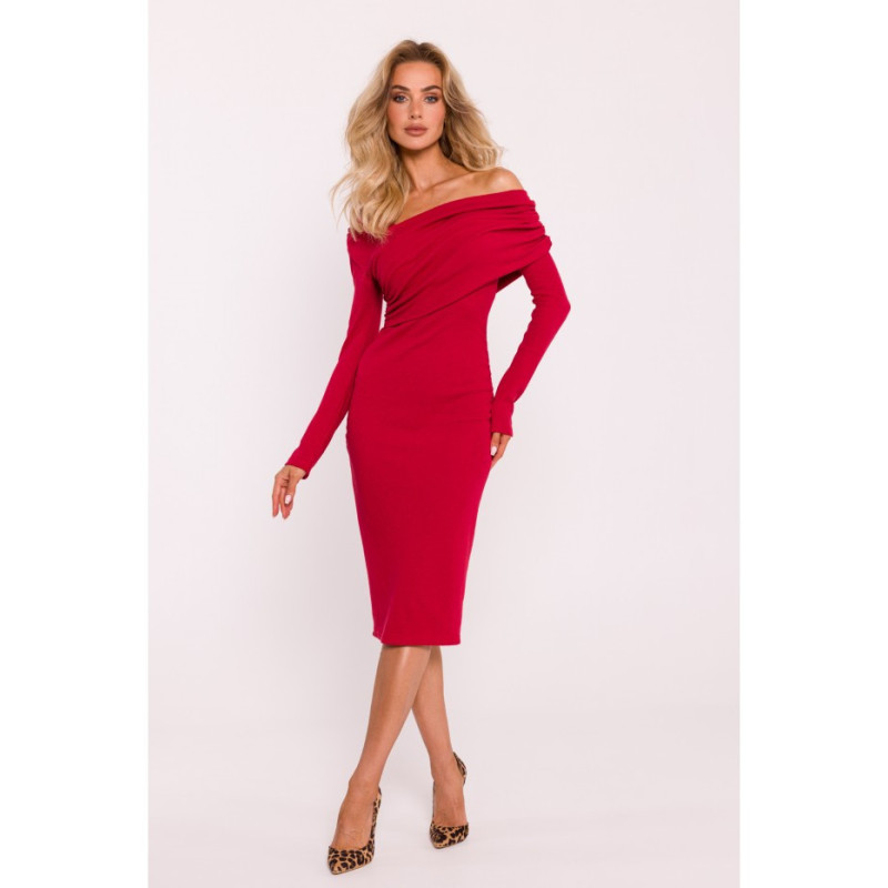 M820 Ribbed midi dress with asymmetrical neckline - red