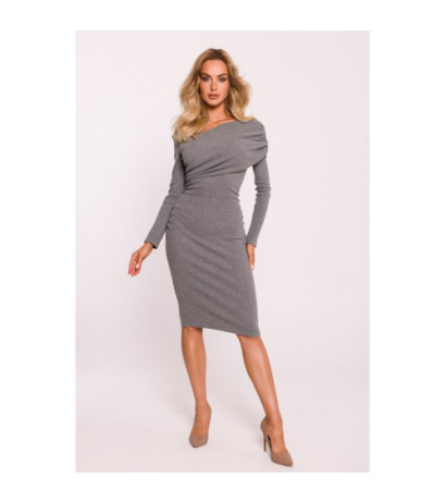 M820 Ribbed midi dress with asymmetrical neckline - grey melange