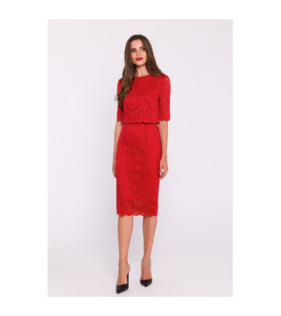 S379 Lace dress with double top - red