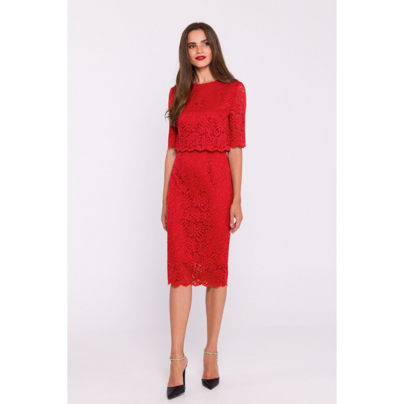 S379 Lace dress with double top - red