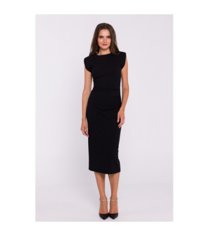 S382 Sleeveless dress with side pleats - black