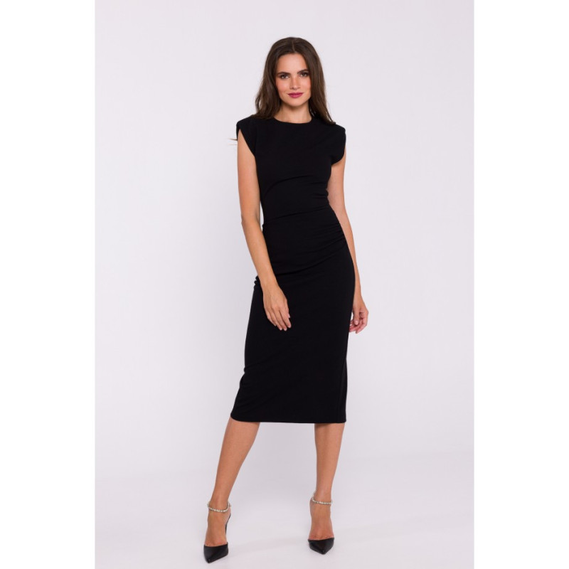 S382 Sleeveless dress with side pleats - black