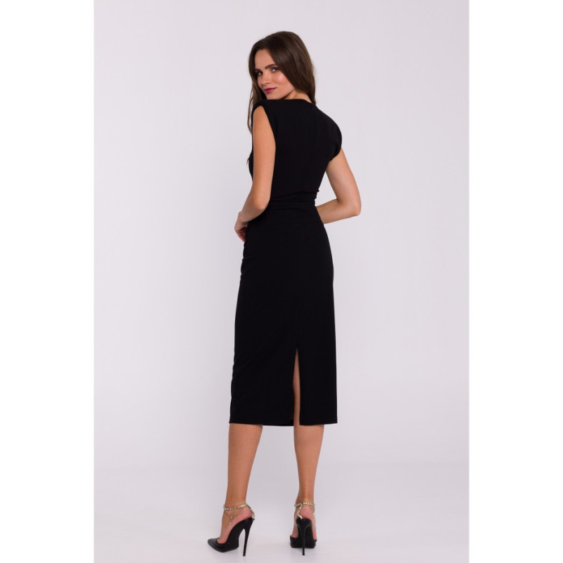 S382 Sleeveless dress with side pleats - black