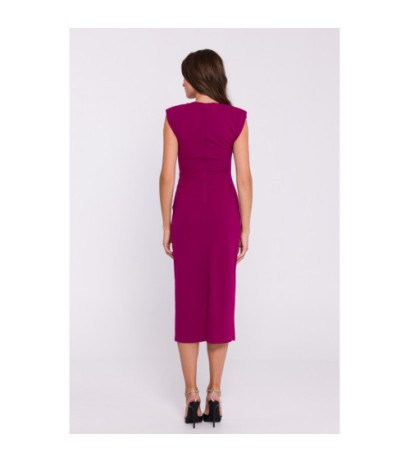 S382 Sleeveless dress with side pleats - plum