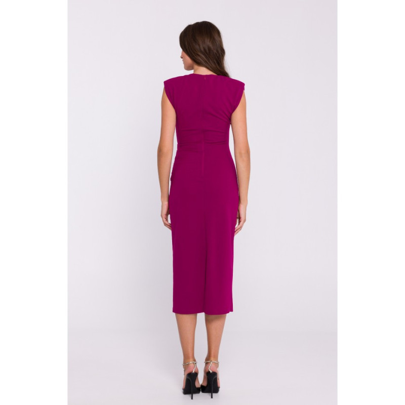 S382 Sleeveless dress with side pleats - plum