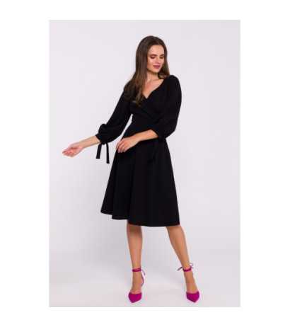 S383 Flared dress with tied sleeves - black