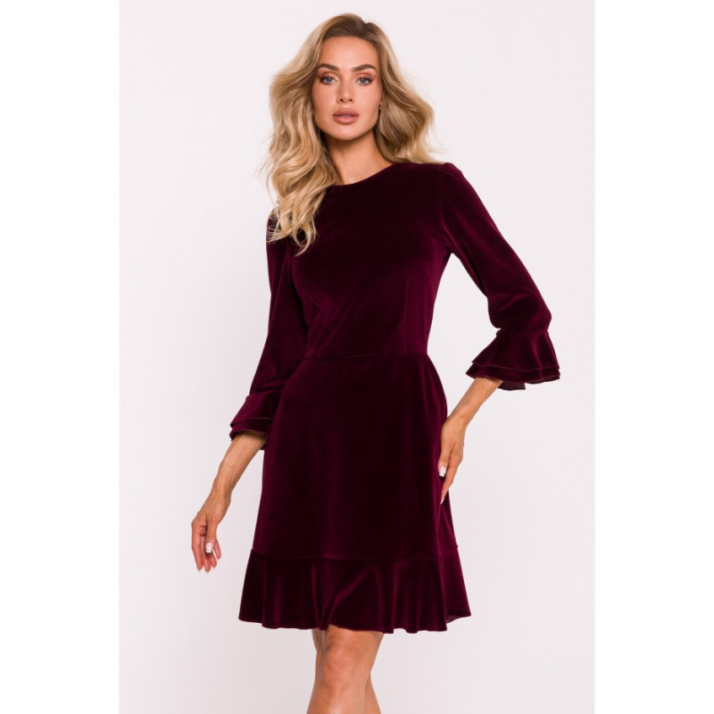 M825 Velour dress with frills - burgundy