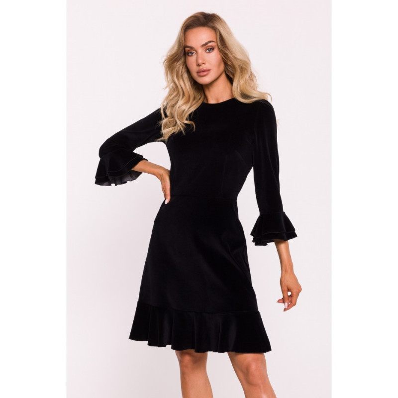 M825 Velour dress with frills - black