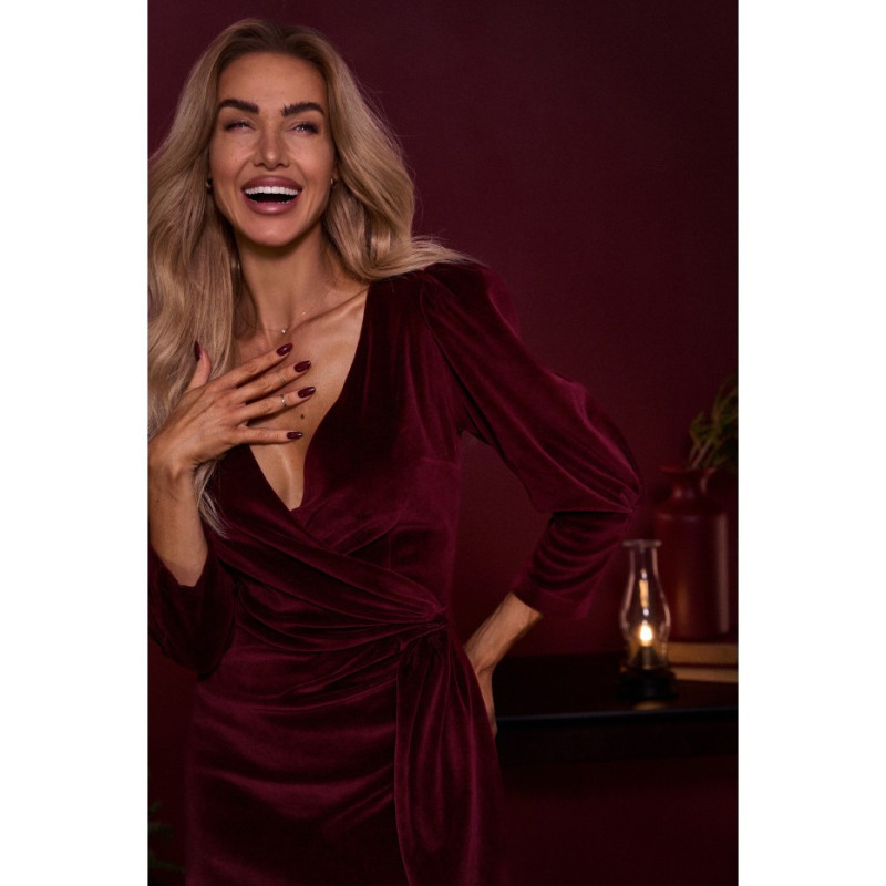 M829 Velour evening dress with sash - burgundy