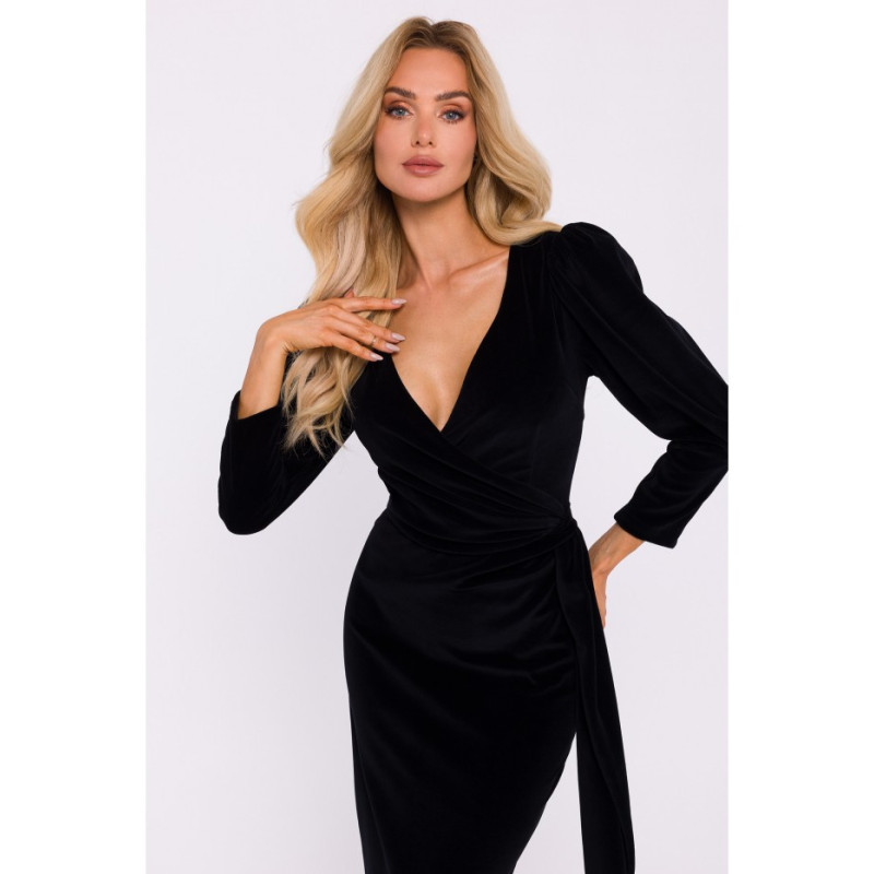 M829 Velour evening dress with sash - black