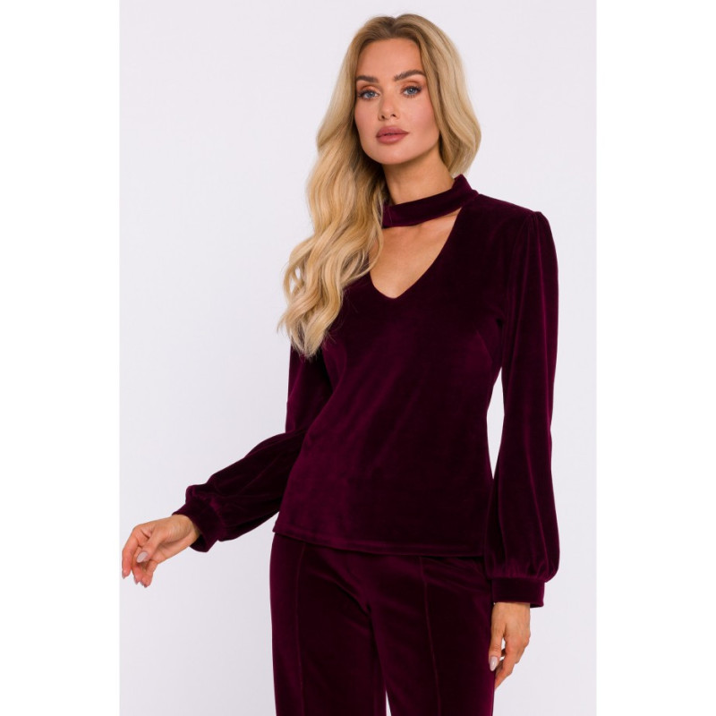 M831 Velour blouse with halter neckline - burgundy