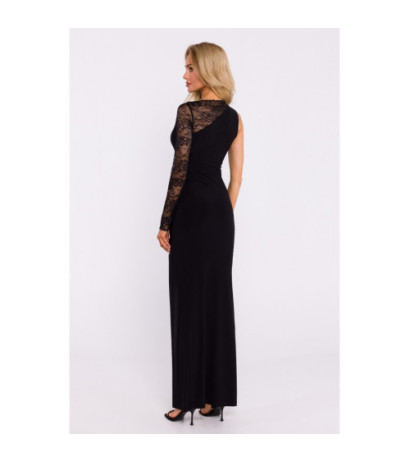 M839 Asymmetrical maxi dress with lace sleeves - black