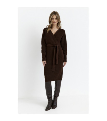 M810 Sweater dress with envelope neckline and belt - brown