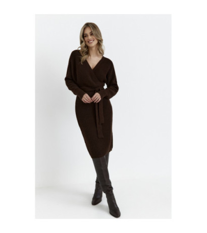 M810 Sweater dress with envelope neckline and belt - brown