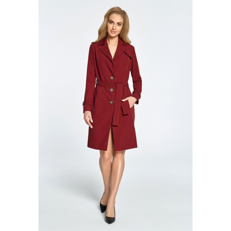 S094 Slightly waisted coat with belt loops - burgundy