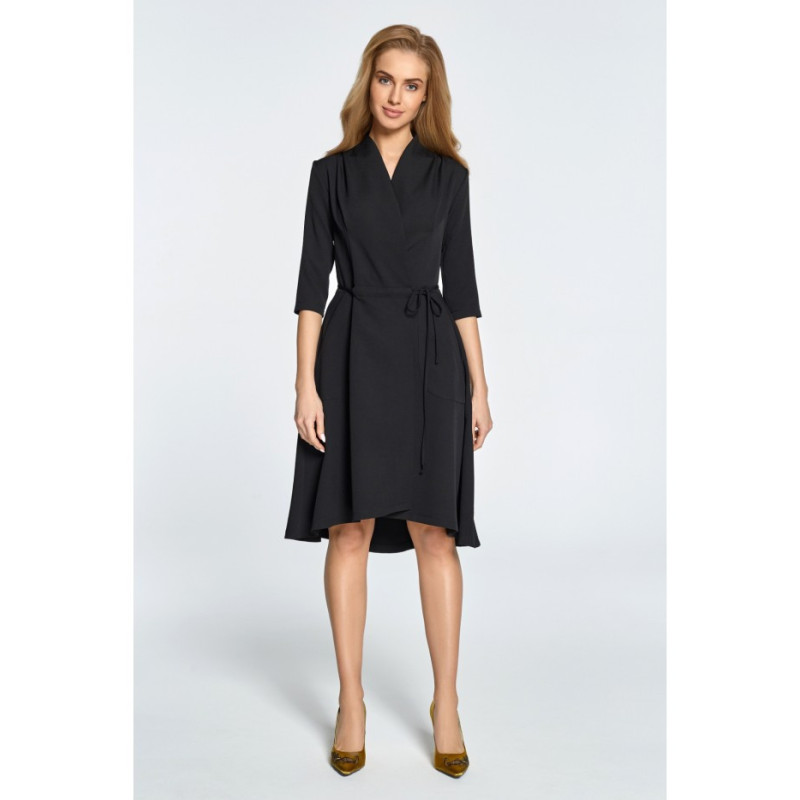 S099 Overlap midi dress with tunnel - black