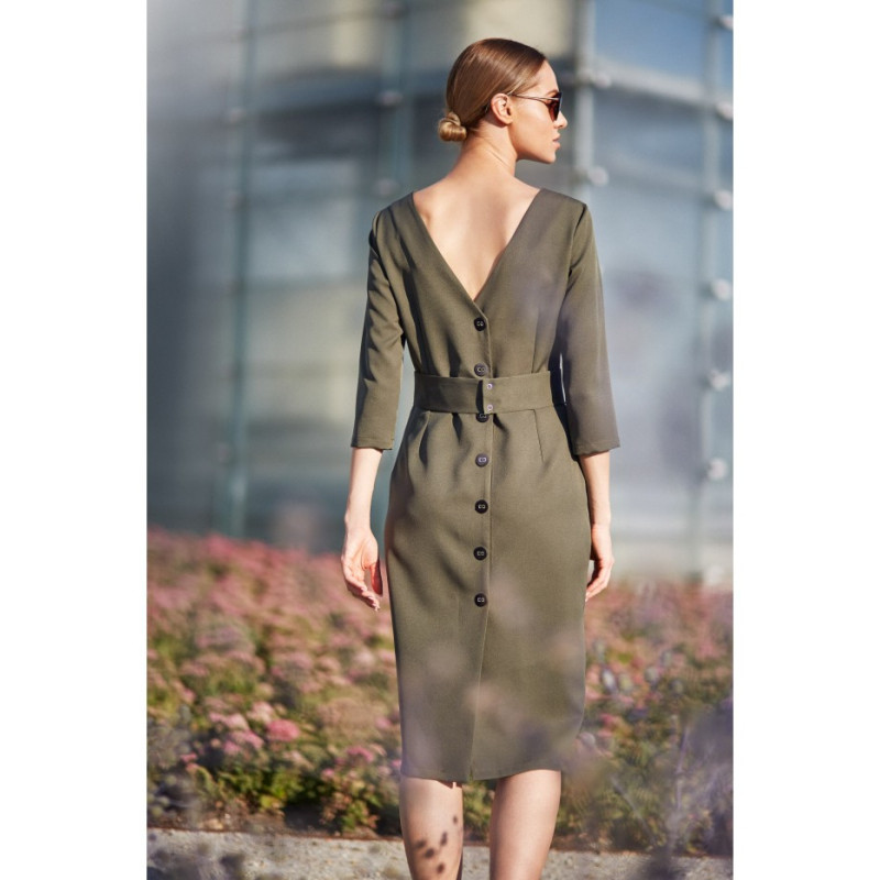 S119 Smooth pencil dress with belt - khaki