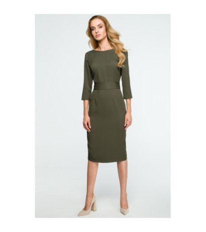 S119 Smooth pencil dress with belt - khaki