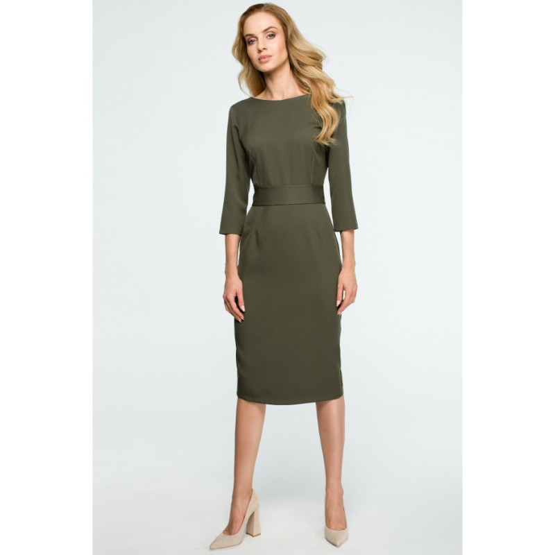 S119 Smooth pencil dress with belt - khaki