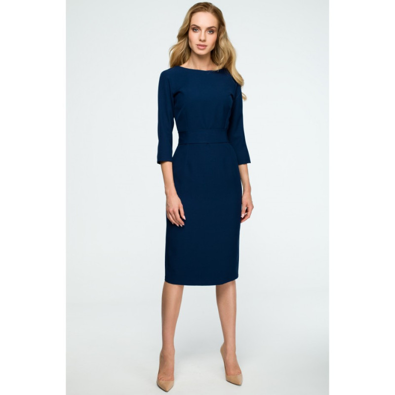 S119 Smooth pencil dress with belt - navy blue