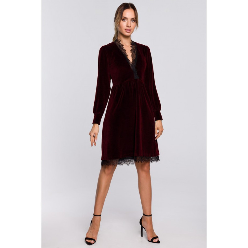 M563 Velour Dress with Deep Neck and Lace - Maroon