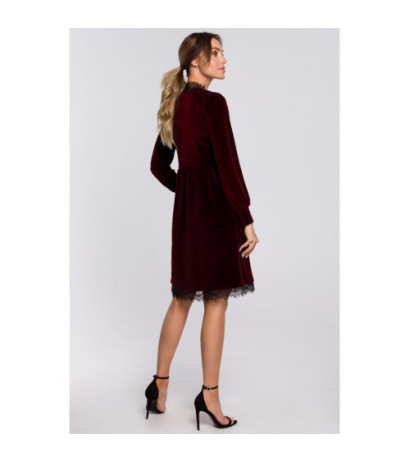 M563 Velour Dress with Deep Neck and Lace - Maroon