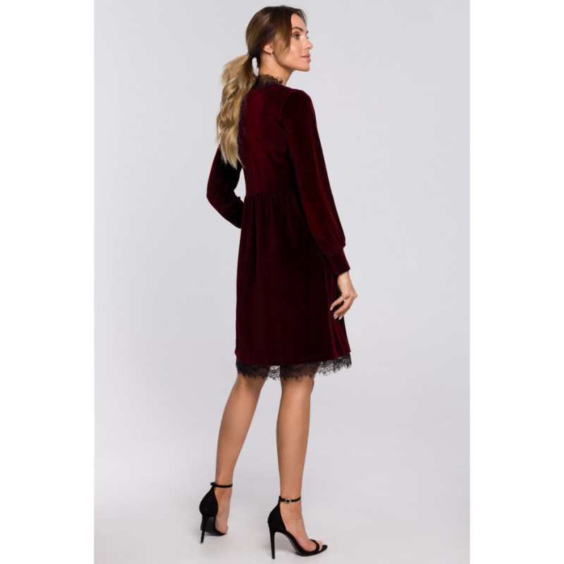 M563 Velour Dress with Deep Neck and Lace - Maroon