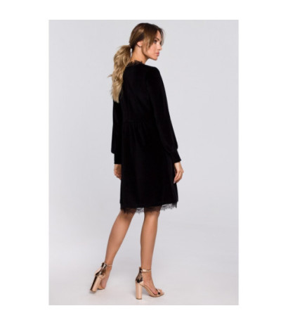 M563 Velour Dress with Deep Neck and Lace - black