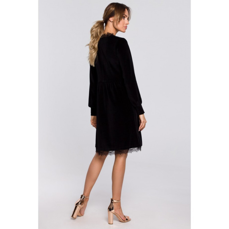 M563 Velour Dress with Deep Neck and Lace - black